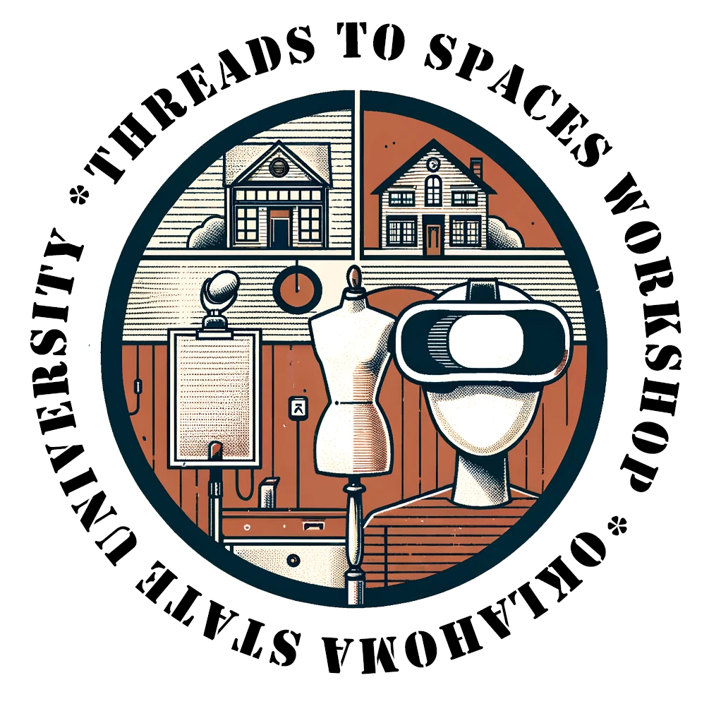 Threads to Spaces Workshop logo OSU two houses mic stand dress makers form person with virtual reality goggles