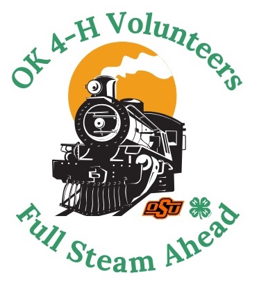 OK 4-H volunteers full steam ahead - black steam engine with sun behind and OSU 4-H clover logo